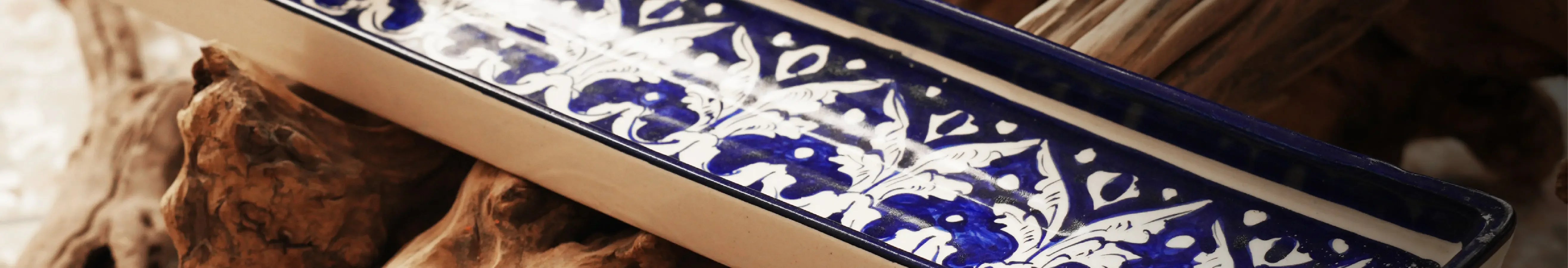 Handcrafted rectangular blue and white ceramic tray with traditional Pakistani pattern