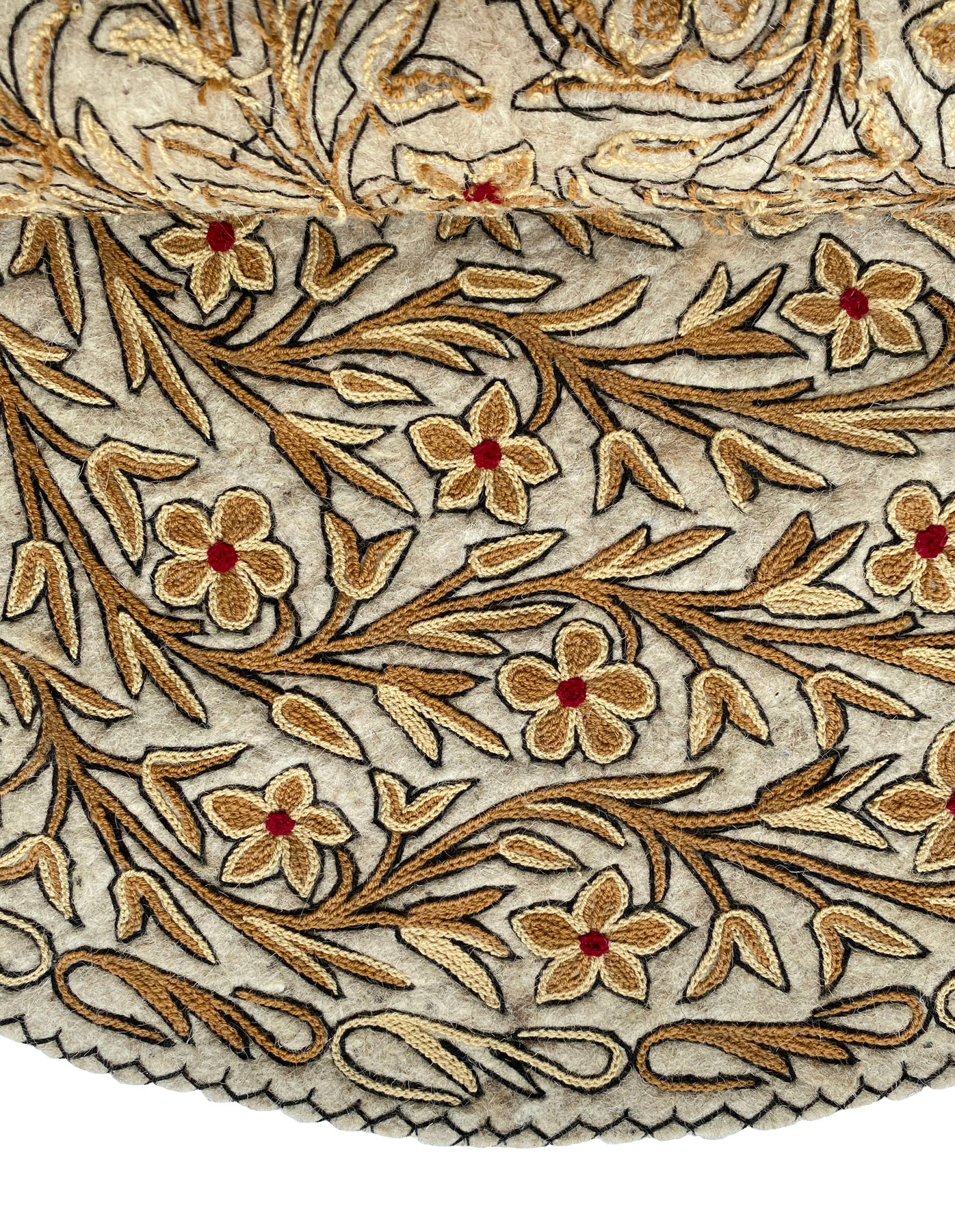 Close-up of a floral embroidery pattern on fabric