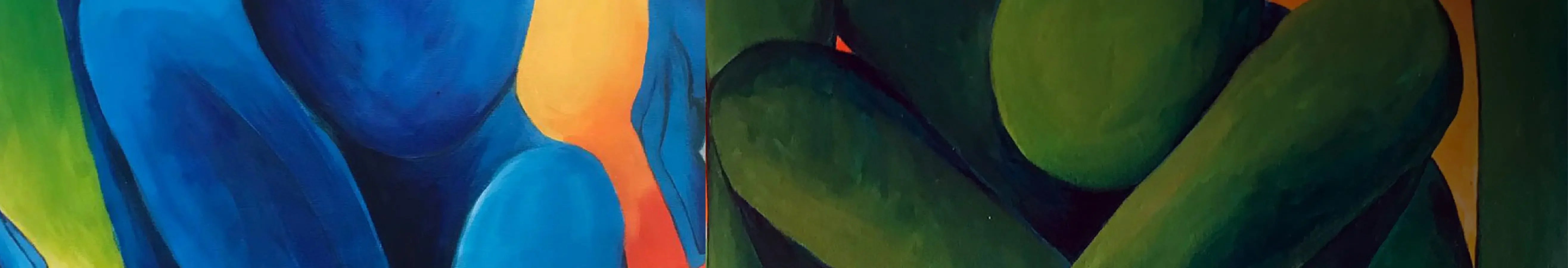 Abstract Pakistani art painting with vibrant blue and green shapes on a colorful background
