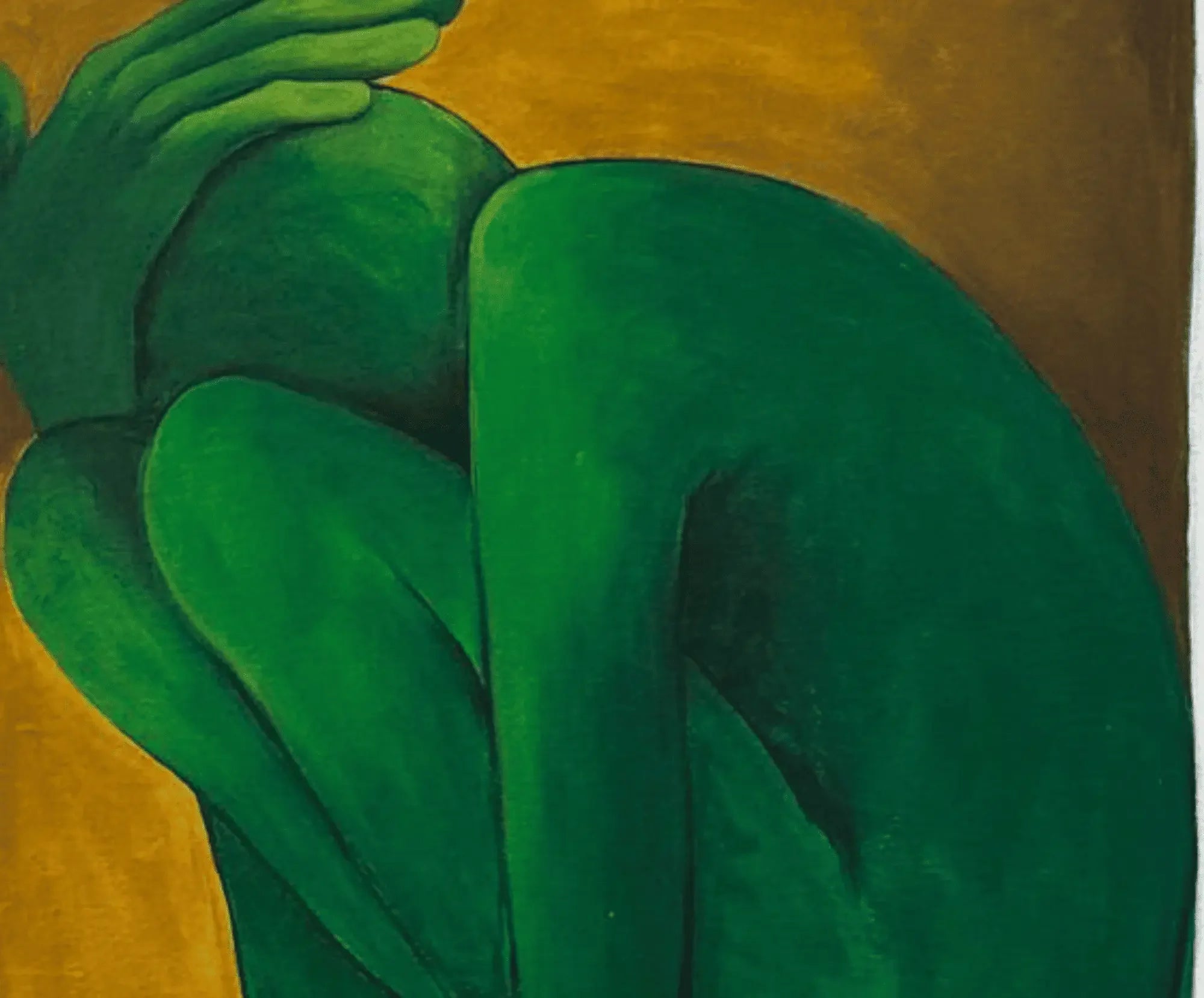 Abstract painting of a green figure sitting with head resting on hand, ochre background