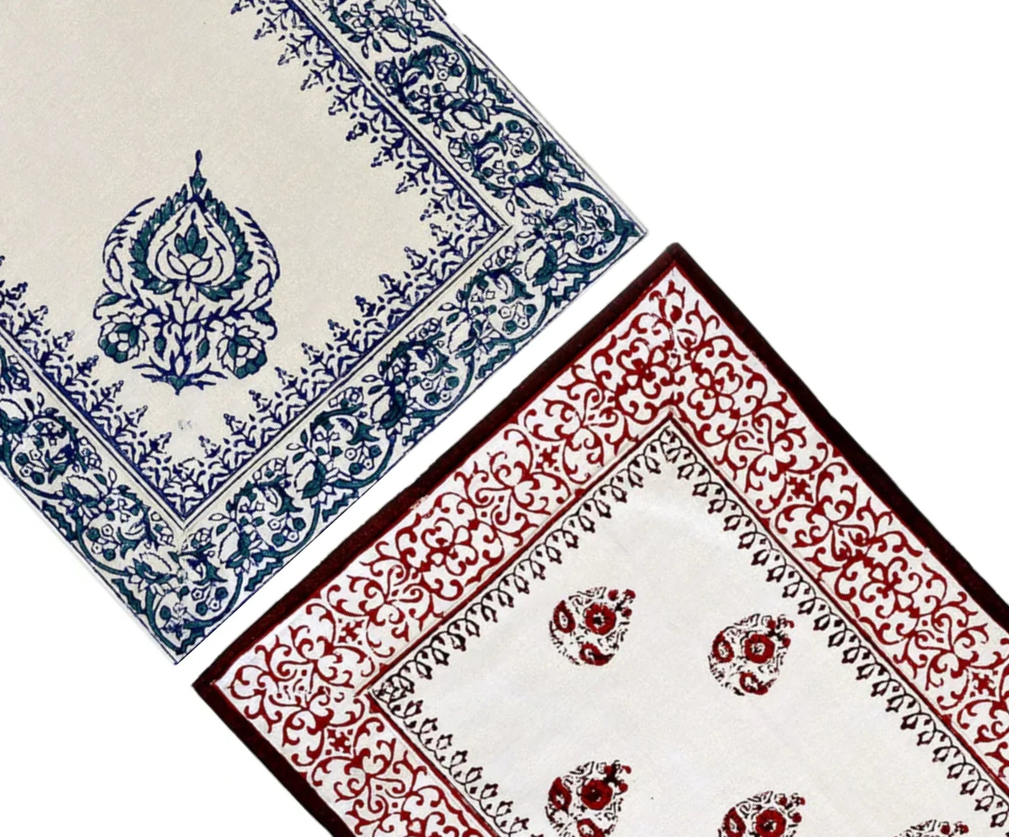 Handcrafted Pakistani textile tablecloths with intricate blue and red floral patterns