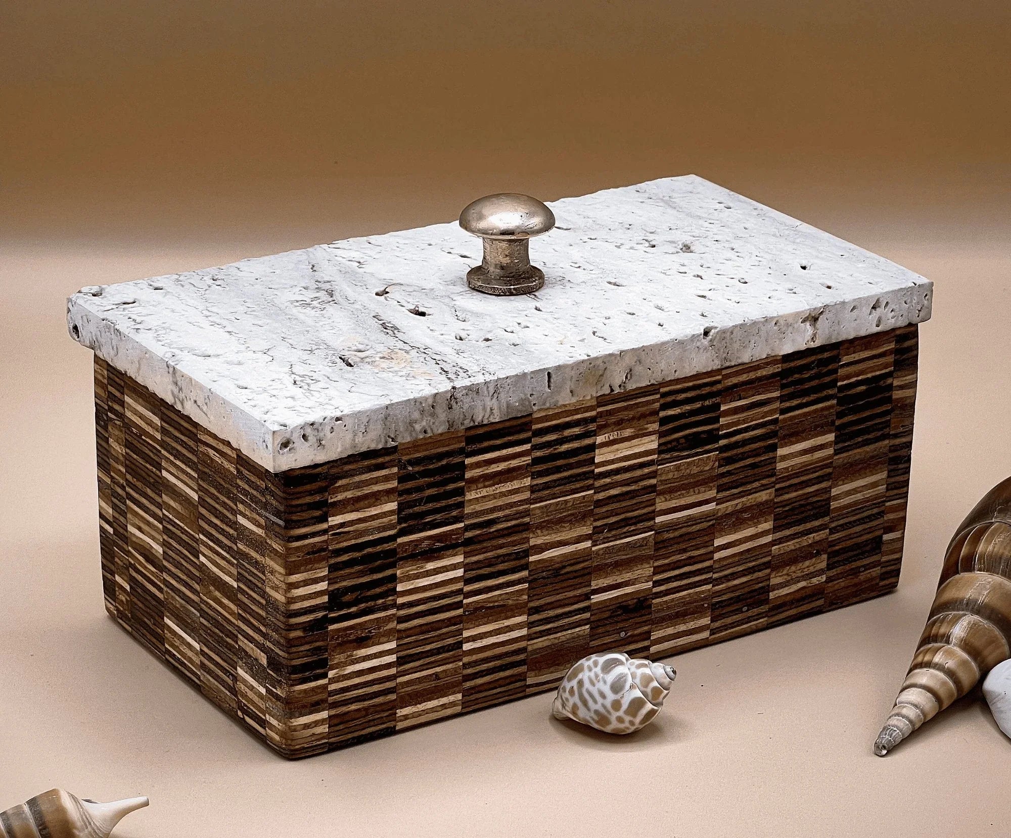 Handcrafted wooden box with marble lid, textured knob, striped pattern, and seashell decor
