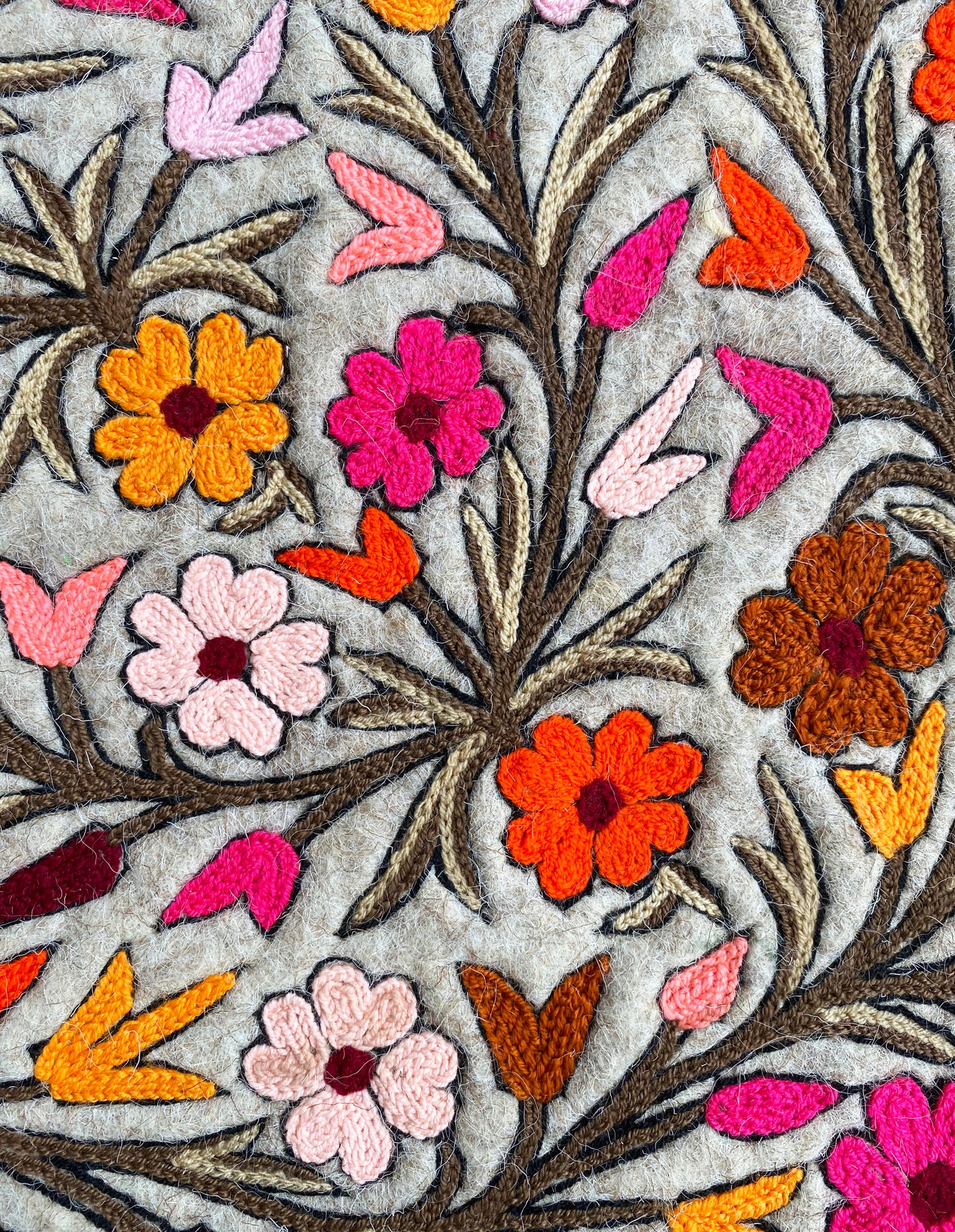 Close-up of embroidered floral pattern with colorful flowers on a textured fabric background.